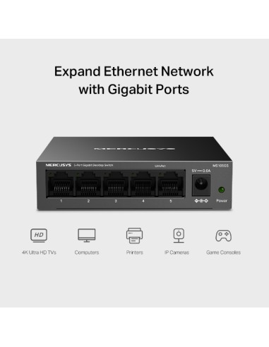 Switch 5-Porte Metallo 10/100/1000Mbps - Mercusys MS105GS Mercusys